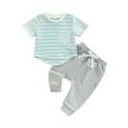 thumbnail image 1 of hirigin Toddler Baby Boy Clothes Suits Stripe Patchwork Short Sleeve Crew Neck Pocket Tops Elastic Waist Long Pants 2Pcs Set, 1 of 9