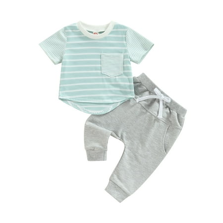 

Frobukio Toddler Baby Boys Clothes Sets Stripe Patchwork Short Sleeve Pocket Tops Elastic Waist Long Pants 2Pcs Outfits Blue 18-24 Months