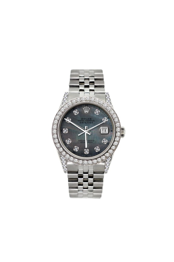 Pre-Owned Rolex Datejust 36MM 16200 Black Mother of Pearl Diamond Dial Diamond Bezel Stainless Steel Jubilee Bracelet 1.2ct