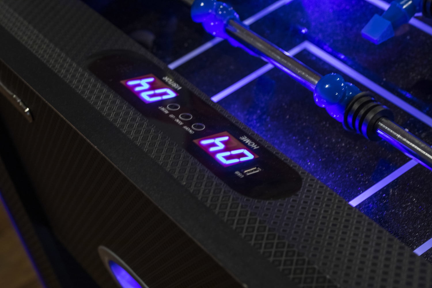 Atomic Azure LED Light Up Foosball Table with Interactive Inrail LED Lighting and Cascading Effects Paired with In Game Music