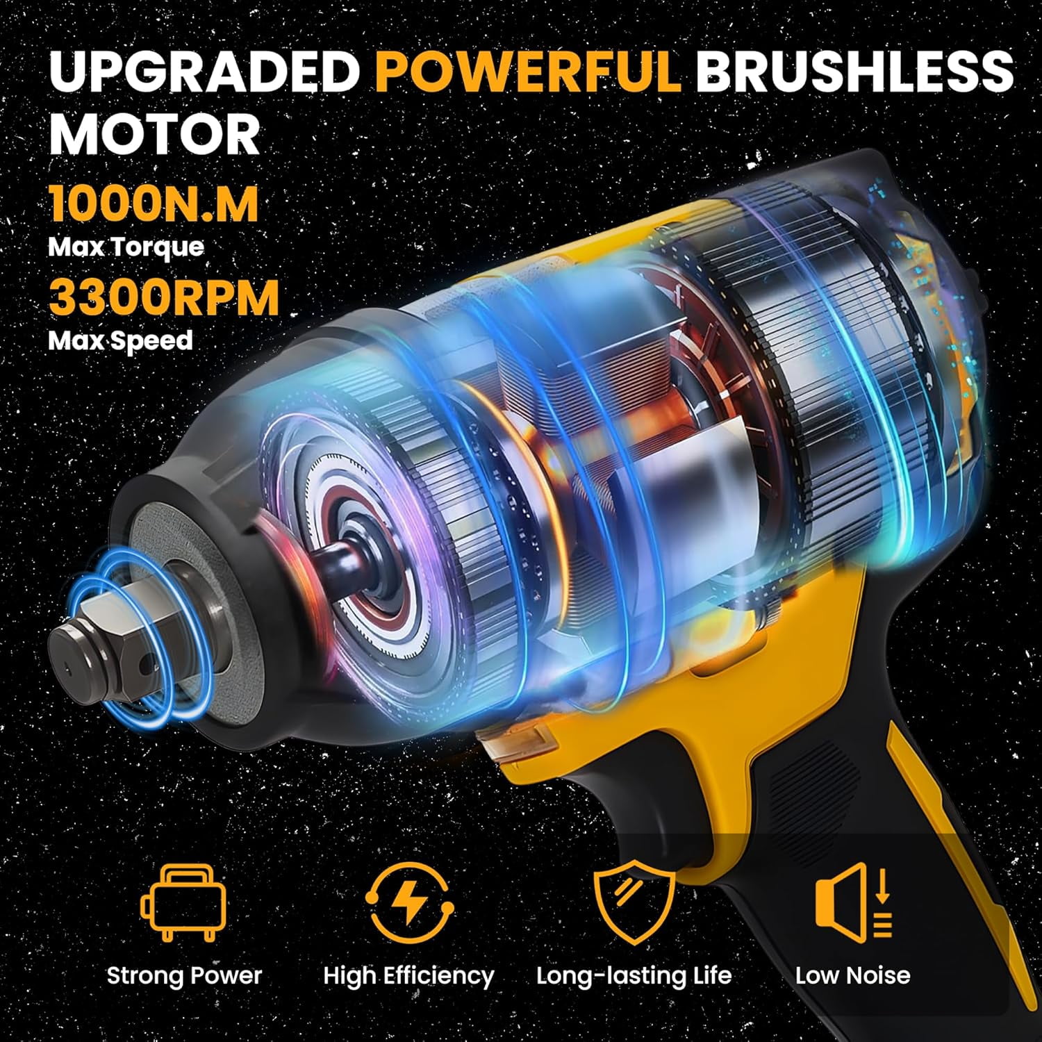 Cordless 1/2 Inch Impact Wrench, 1000 N.m (740 Ft-lbs) Brushless High Torque Electric Impact Gun, 3300RPM Power Impact Driver, 2x 4.0AH Li-ion Battery, Charger & 6Pcs Sockets for Car Home  Furniture
