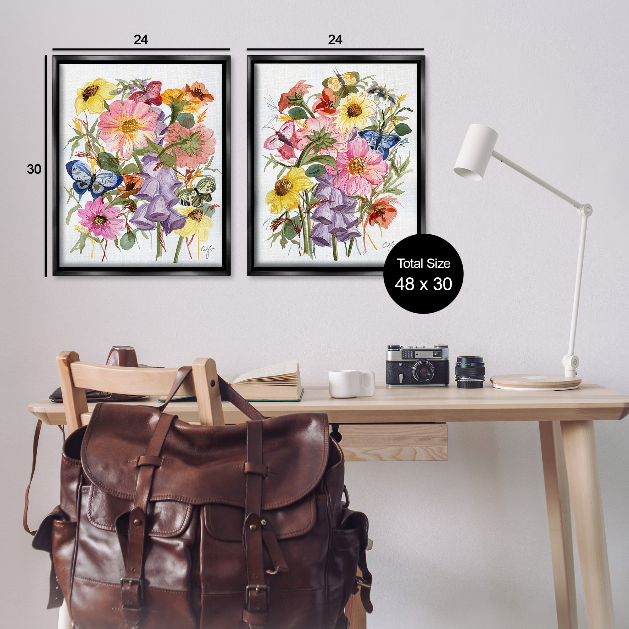Stupell Industries Traditional Butterflies & Florals Botanical & Floral Painting Black Floater Framed Canvas Art Print Wall Art, 25 x 31, Set of 2