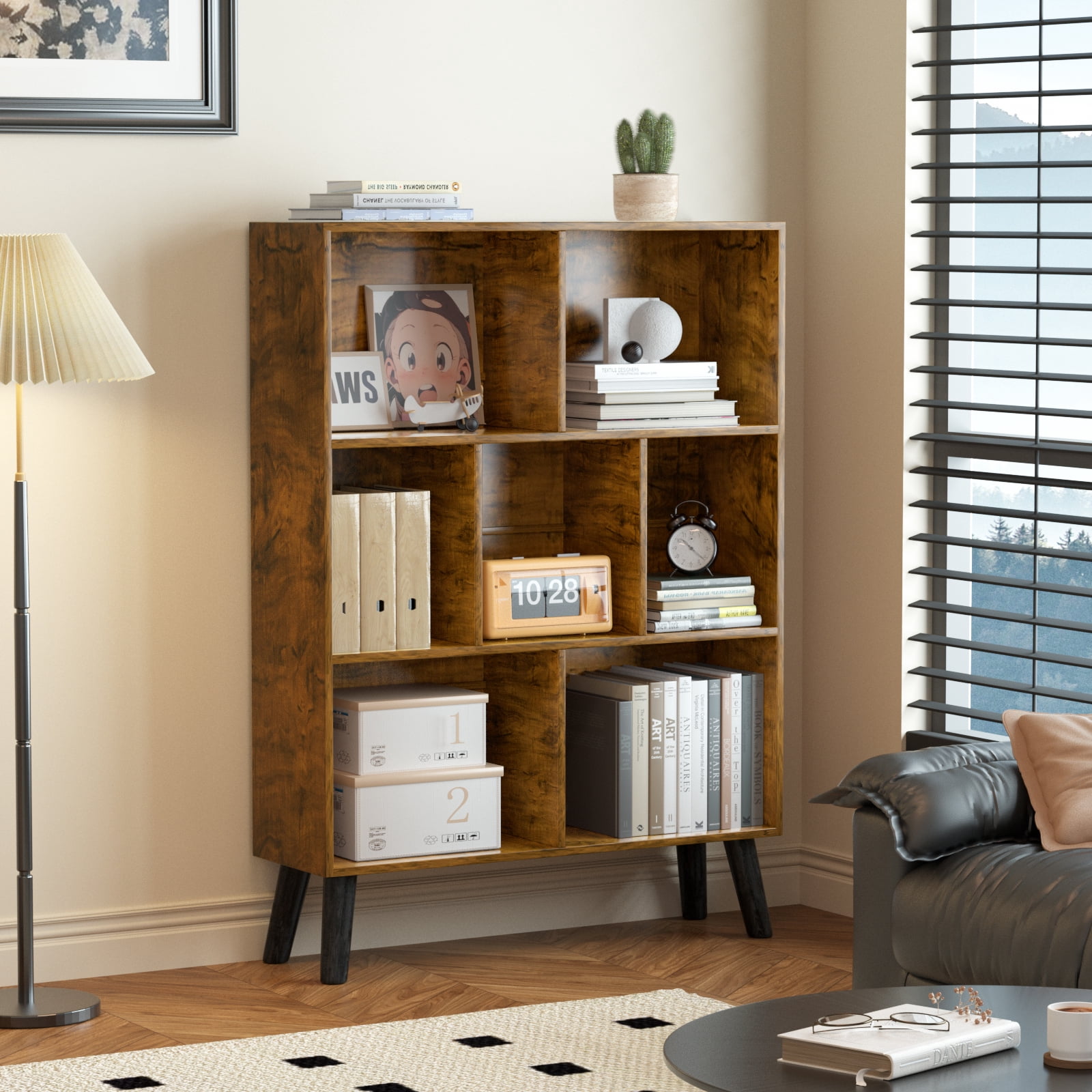 LEYAOYAO 3-Tier Bookshelf with 7 Open Cubes, Modern Wooden Storage Rack, Multi-Use Shelf for Living Room, Office, Study, Brown