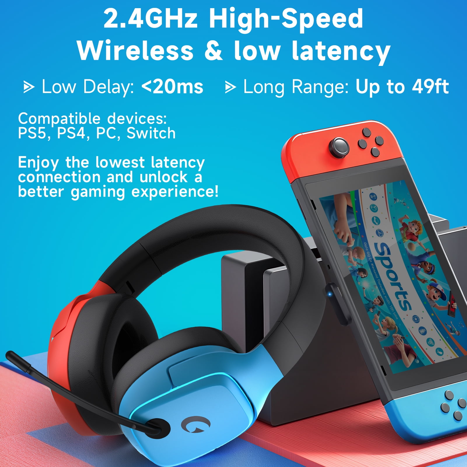 Wireless Gaming Headset 2.4GHz for PS5/PS4/PC/Switch - Bluetooth 5.3 Headphones with Noise-Canceling Mic, 7.1 Surround Sound, 70H Battery Life, RGB Lights, Foldable, Portable-Red&Blue