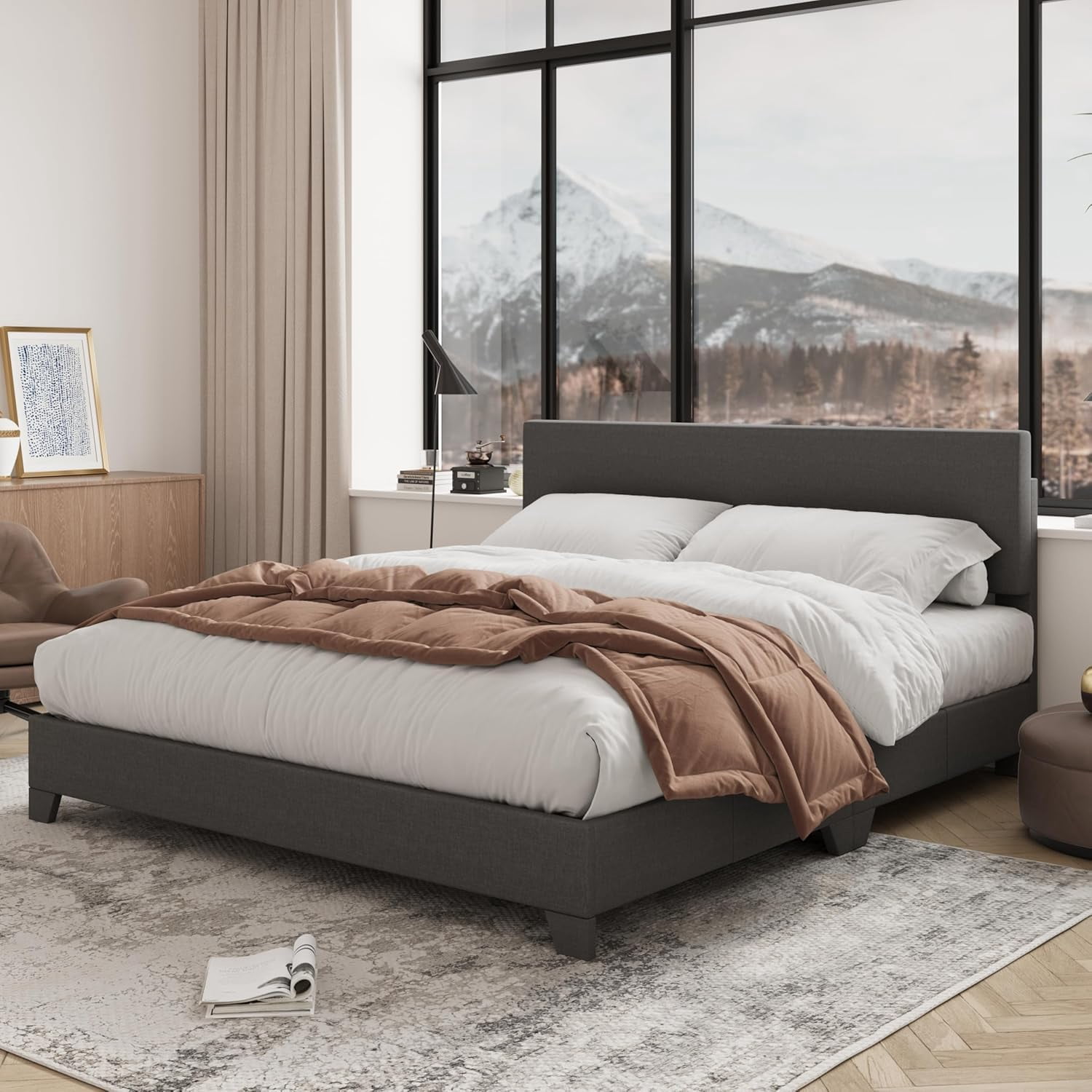 Cama Plataforma Tapizada en Terciopelo para Tamaños Full, Queen y King - Cabecero Ajustable con Botones - Lamas de Madera Sólida y Soporte Metálico Robusto - Sin Necesidad de Box Spring