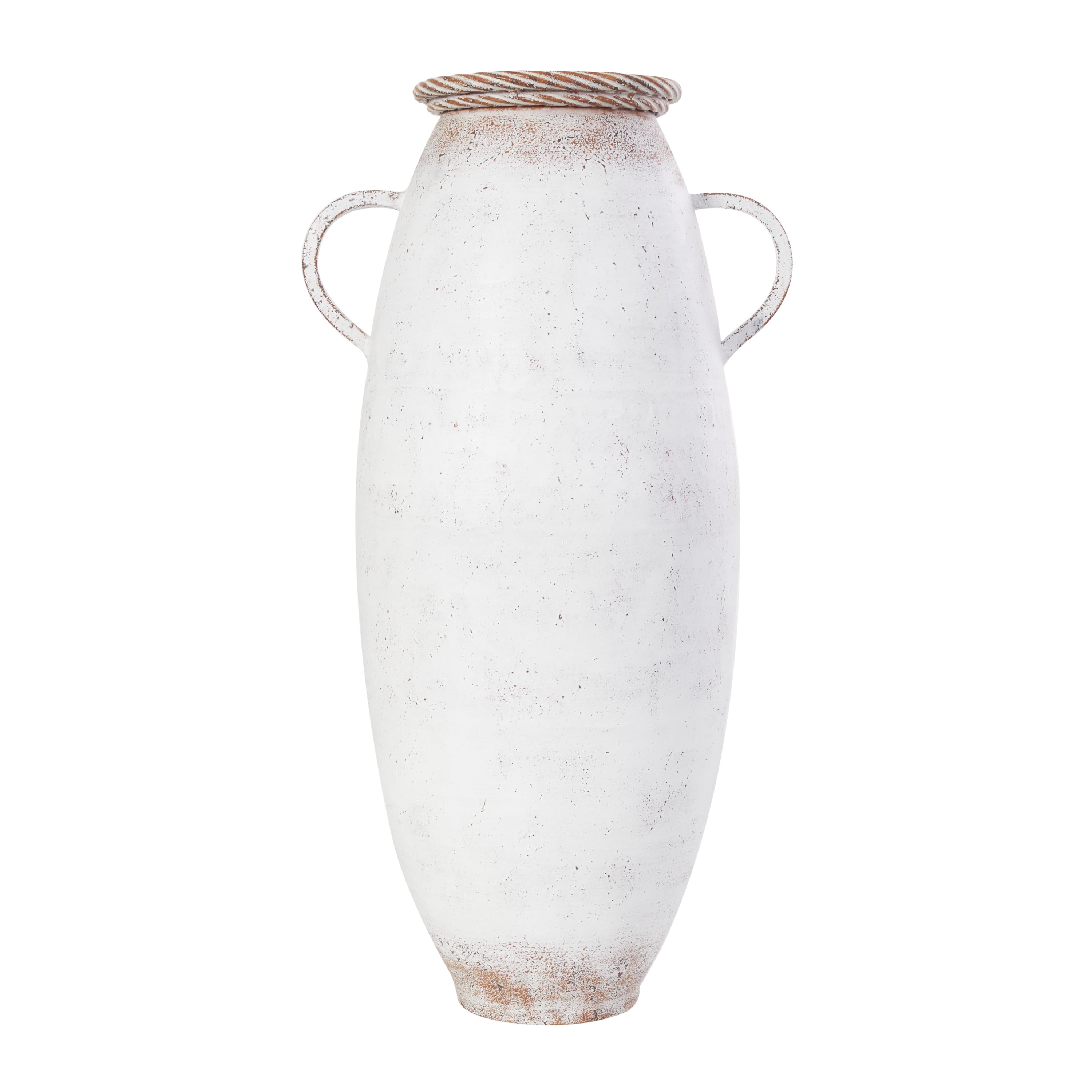 DecMode 24" White Metal Vase with Antique Distressing and Terracotta Accents