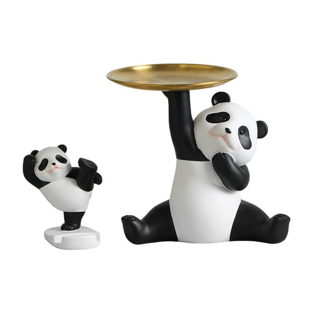 Estatua de panda con bandeja, figura de resina, regalo de inauguración de la casa, obra de arte, adorno de escritorio, linda escultura de panda para Bandeja de panda