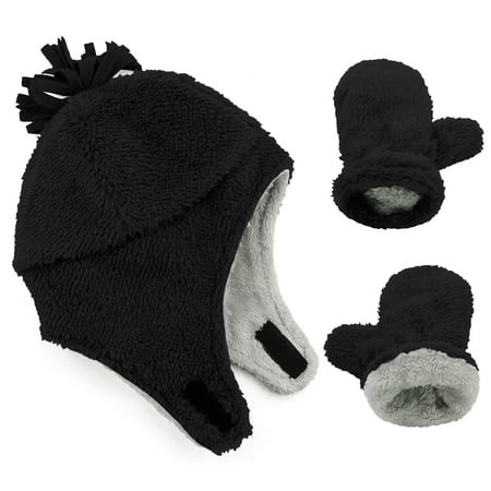 

Zando Winter Sherpa Lined infant hats with Ears Flap and Warm Fleece Baby Mittens 2Pc Set Black S