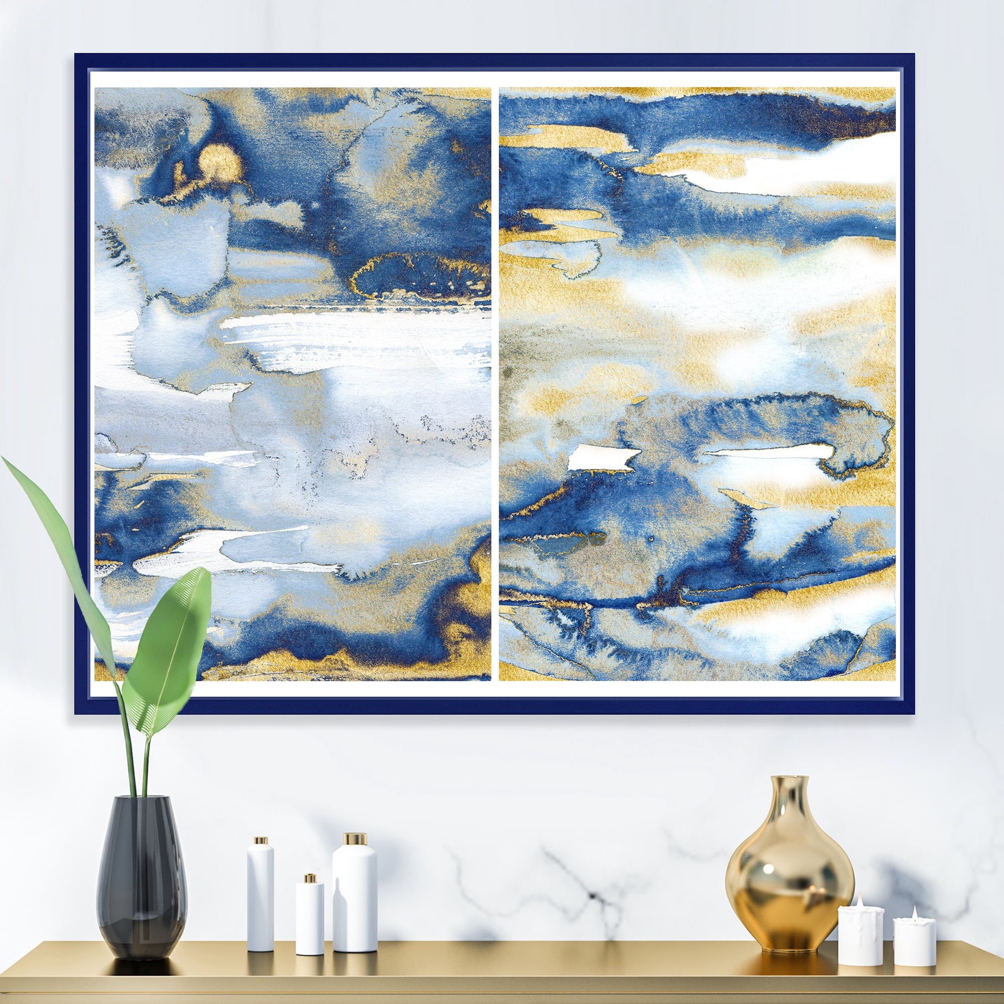 Designart 'Gold and Dark Blue Abstract II' Modern Framed Canvas Wall Art Print