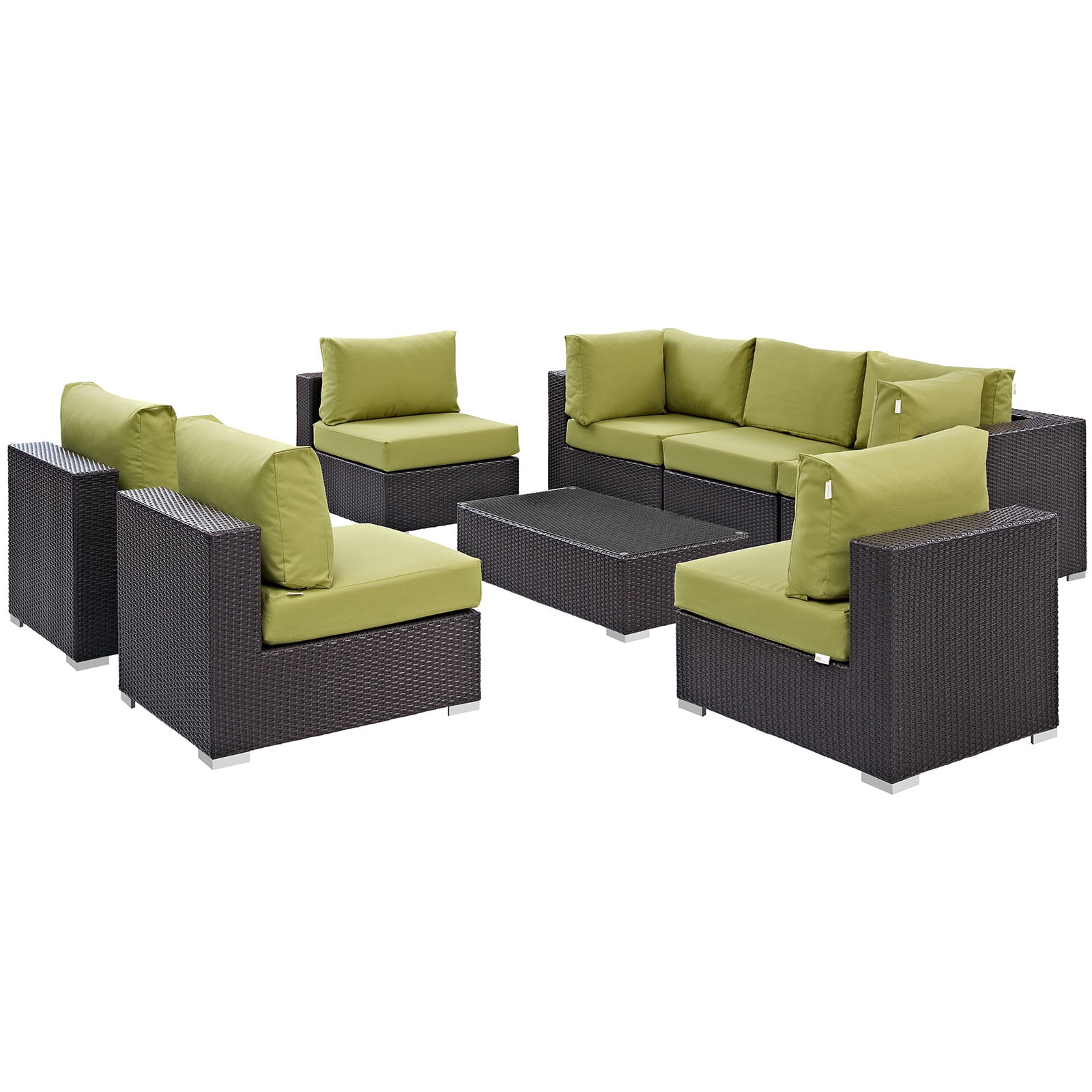 Modern Contemporary Urban Design Outdoor Patio Balcony Eight PCS Sectional Sofa Set, Green, Rattan