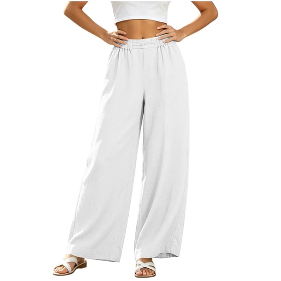 Wide Leg Linen Pants for Women High Waisted Elastic Palazzo Pants Loose Fit Dressy Flowy Trousers with Pockets