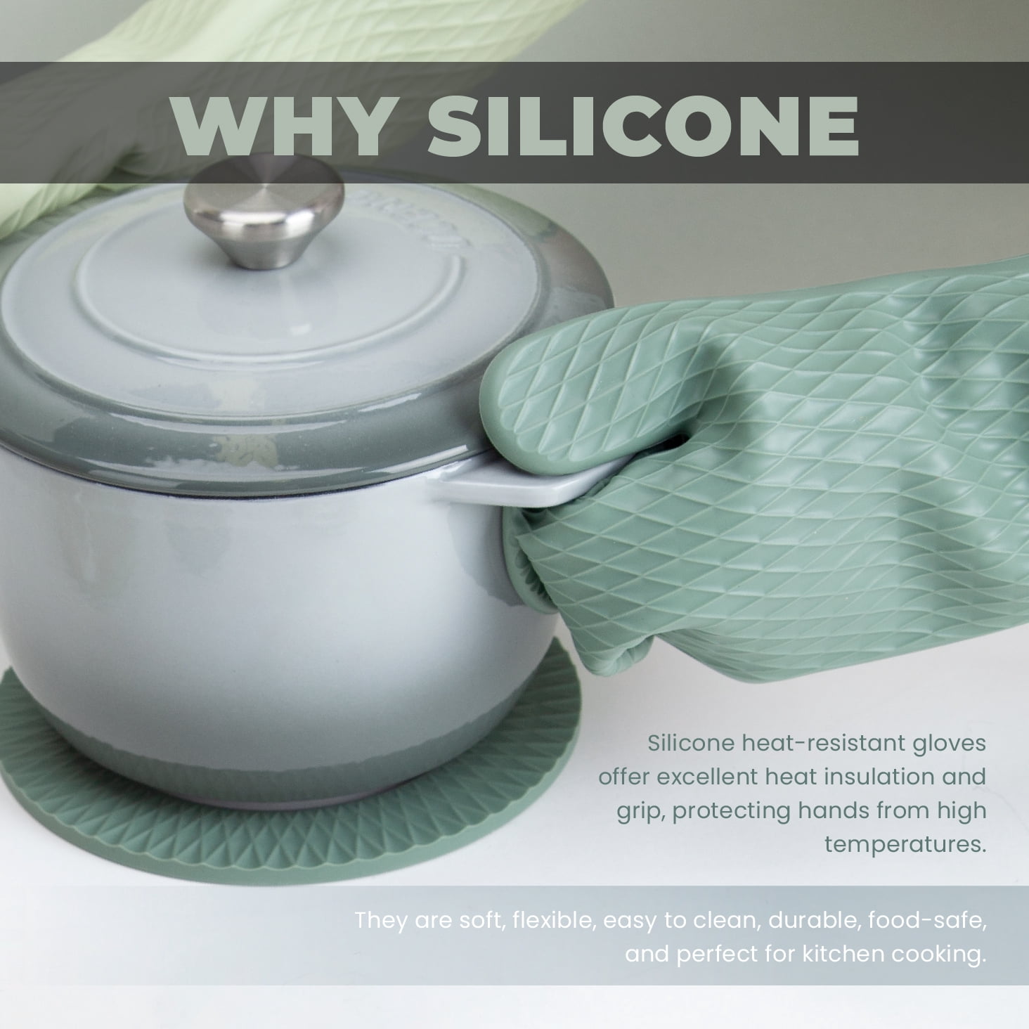 Grip Heat Resistant Silicone Oven Mitt and Trivet Set, Waterproof, Cotton Lined, BPA-Free - 8 Piece Kitchen Set mint color