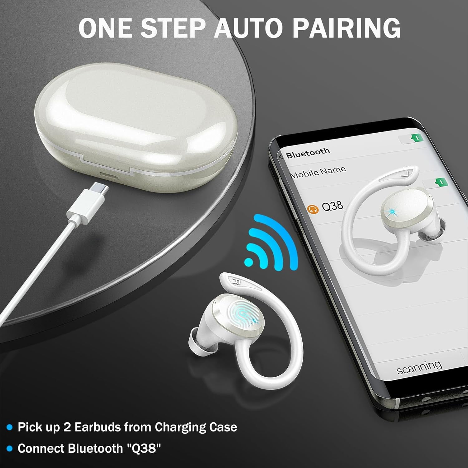 Wireless Earbuds Hi-Fi Bass Stereo 56H Noise Cancelling IPX7 Waterproof Sport Earphones with Earhook-White