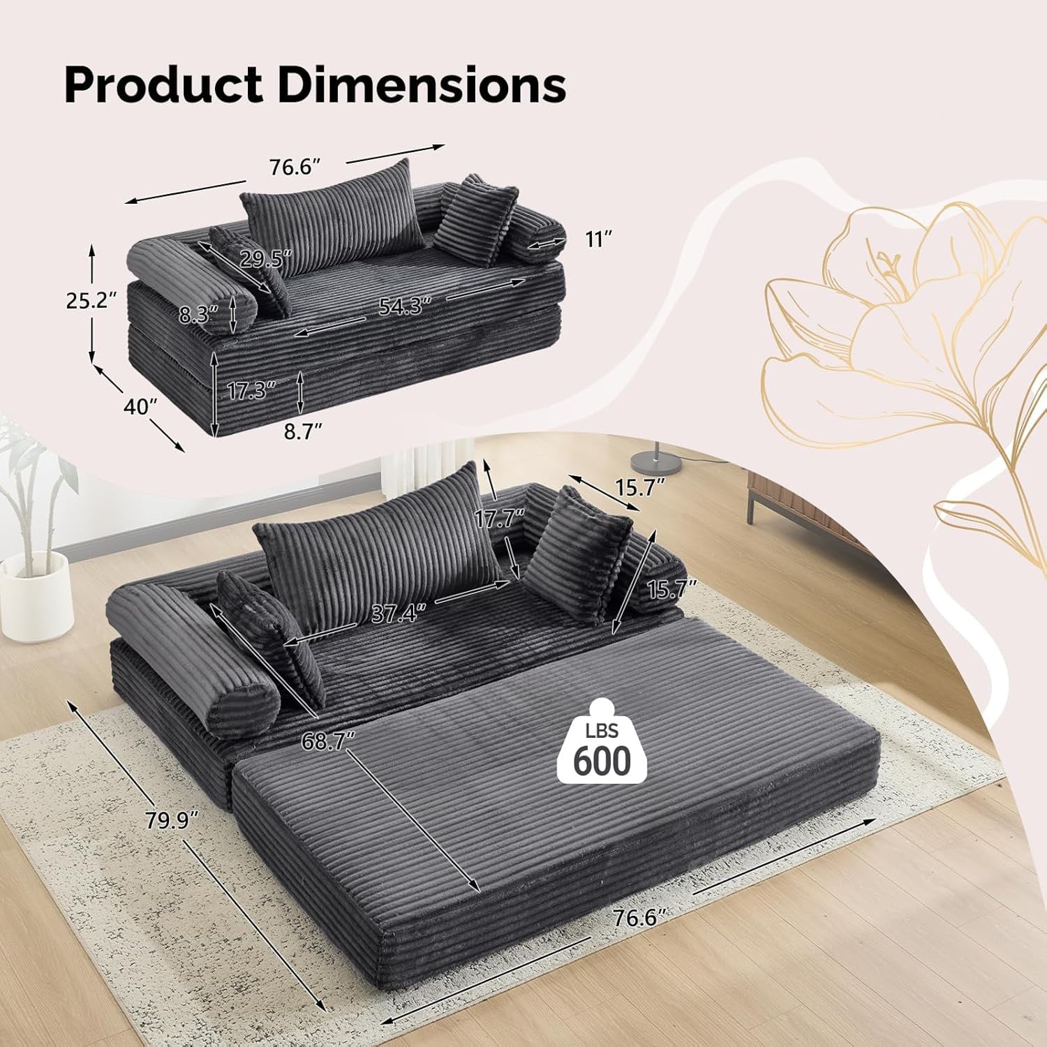 Ktaxon Convertible Sofa Bed, Pull-Out Sleeper Loveseat Couch with Oversized Back Pillow, Ideal for Living Room or Guest Use Dark Gray