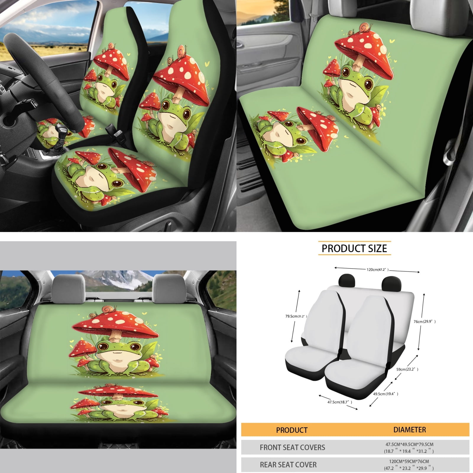 Yuyamidu Cute Frog Auto Seat Cover Set of 16 Mushroom Car Sun Visor Steering Wheel Accessories Seaside Seatbelt Strap Pad Cup Holders Rearview Mirror Cover Keychain Handbrake Gear Shift Knob Cover
