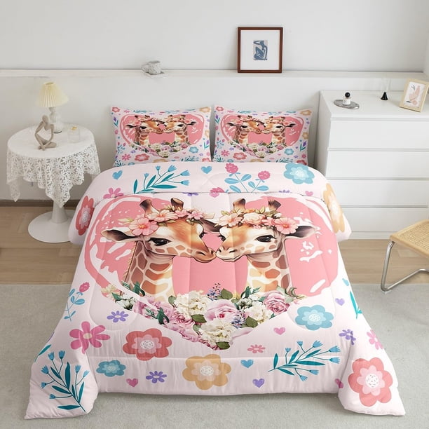 Juego de edredón para niños y niñas, rosa corazón del amor lindas flores florecientes
