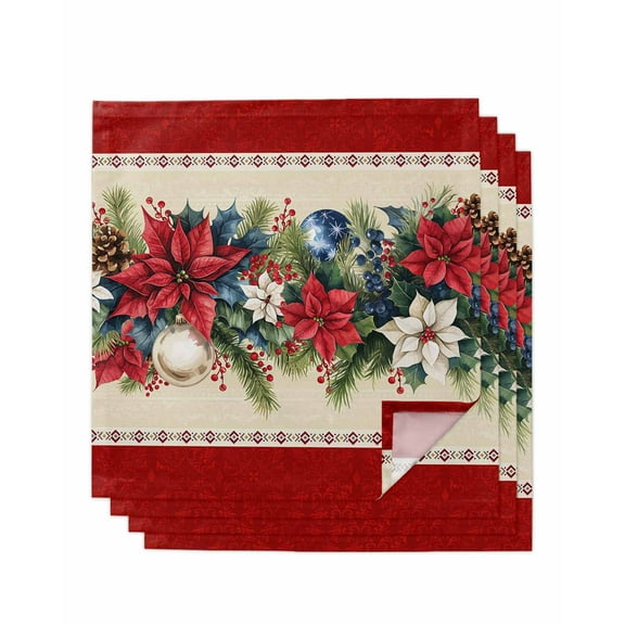 Red Christmas Cloth Napkins Set of 4, Xmas Botanical Poinsettia Blue Balls Washable Reusable Dinner Cocktail Napkin for Kitchen Party Wedding Banquet Holiday Baby Shower Table Decor