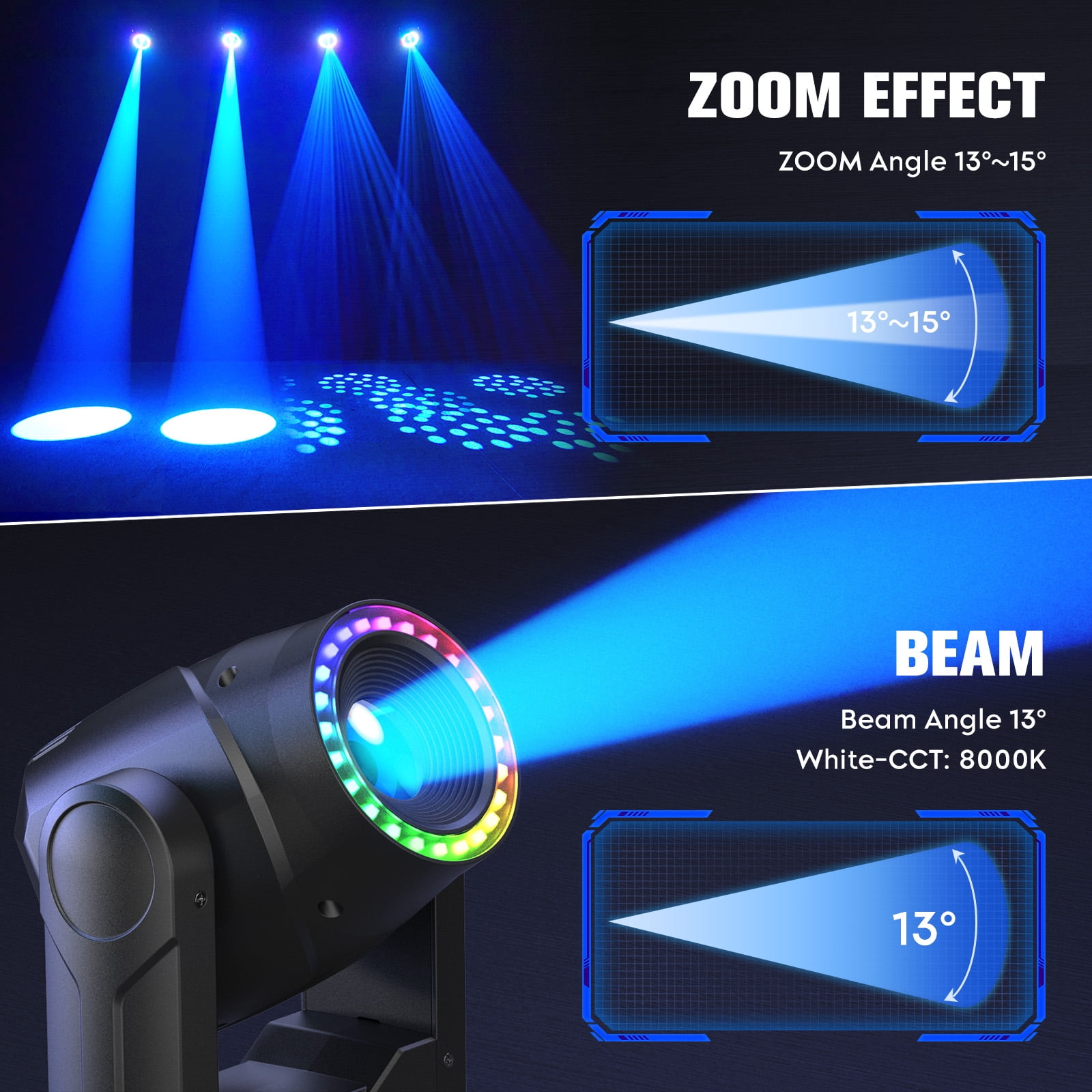 Moving Head DJ Lights ,150W (8000K) 7 Gobos 7 Colors Beam/Focus LED Stage Light,3-Facet Prism Party Light w/ RGB Ring Light 13/15CH for KTV Wedding Halloween Christmas
