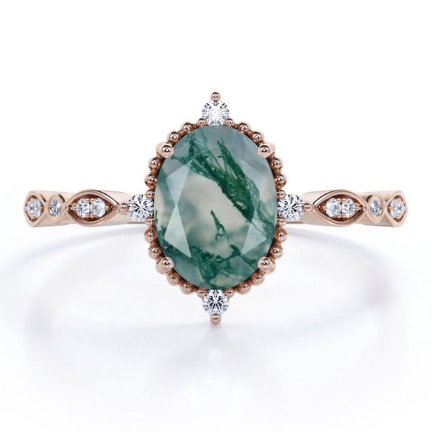 JeenMata Anillo de Compromiso con Filigrana de Moissanita y Ágata Verde Musgo Dendrítica Natural de 1,5 ct con Cinco Piedras Antiguas en Baño de Oro Rosa de 18 K sobre Plata