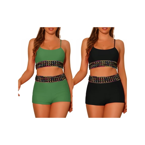 NOMADIC NOOK Women's Contrast Color Bikini Sets 2 Pieces High Waisted Scoop Neck Swimsuit Bathing Suit Combination Set Small Black, Army Green