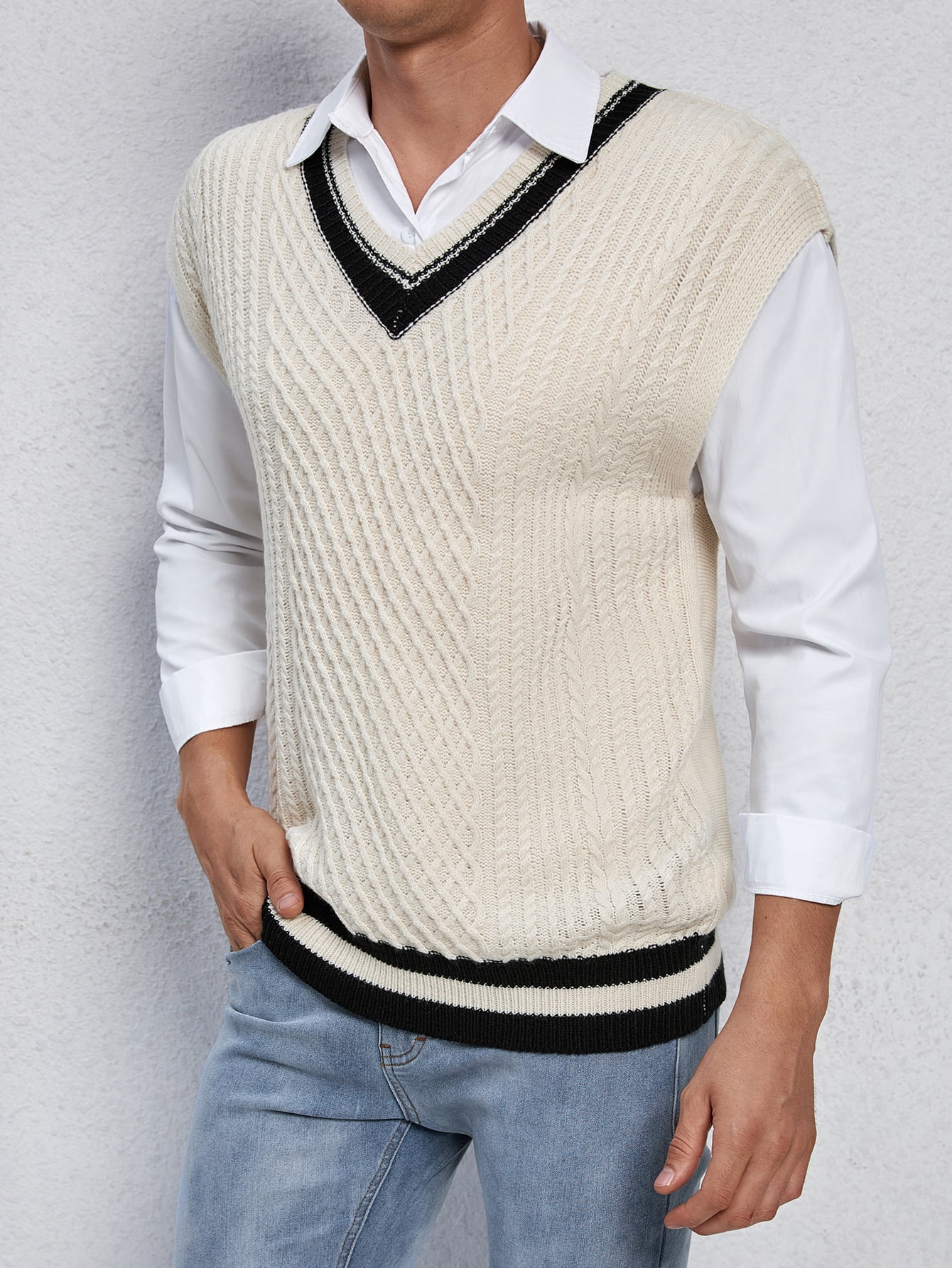 Men Cable Knit Striped Trim Cricket 