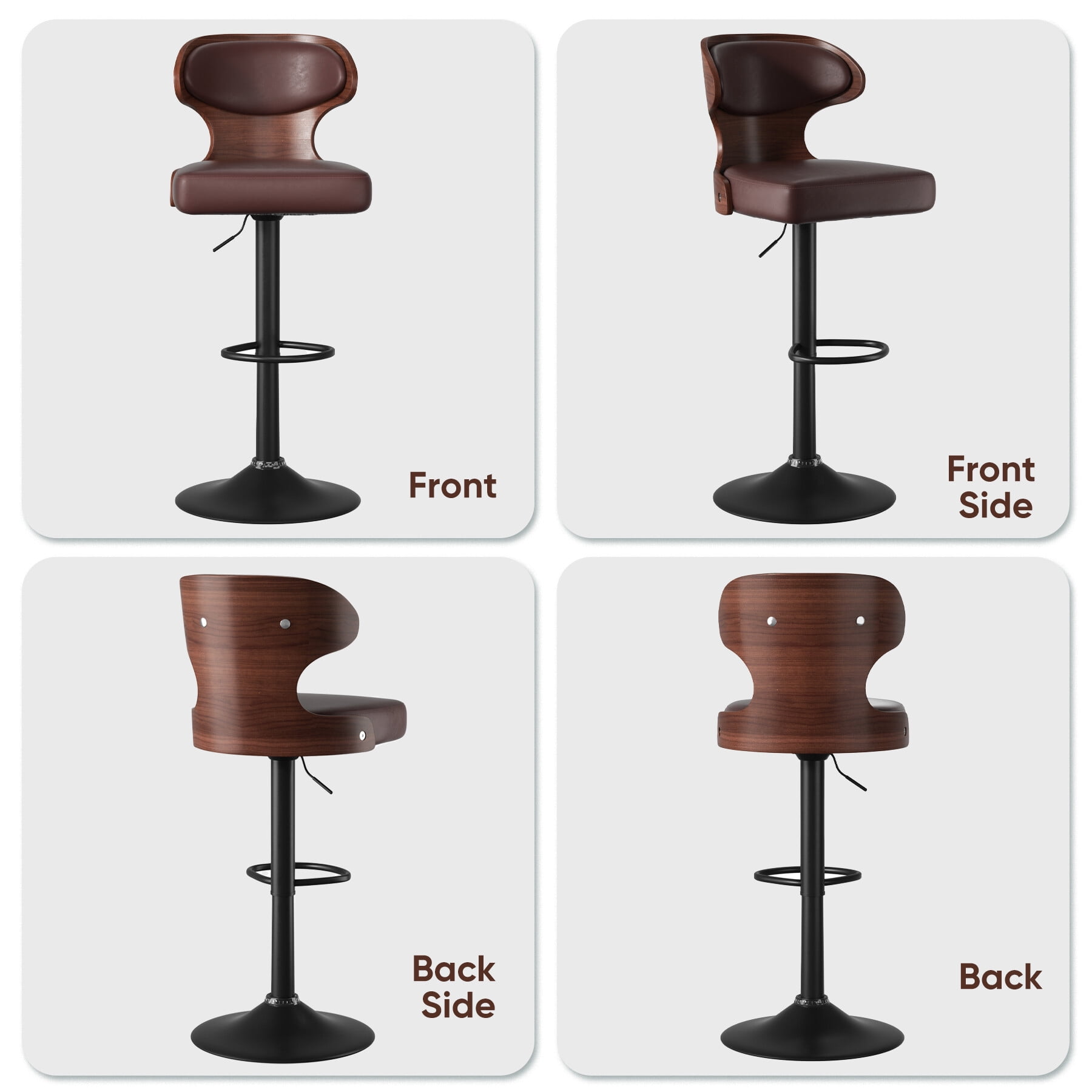 Hawsaiy Bar Stools Set of 4, Adjustable Height 24.5"-33.5", Bentwood Swivel Barstools with Back & Footrest, PU Leather Upholstered Bar Chairs for Kitchen Island, Dining Room, Home Bar