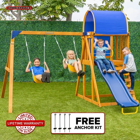 Sportspower Addison Wooden Swing Set With Heavy Duty Double A-Frame, Lifetime Warranty On Slide, &Amp; Bonus Anchor Kit - For Ages 3-8