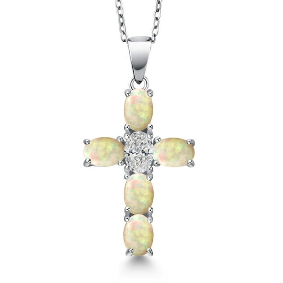 Gem Stone King 925 Sterling Silver White Ethiopian Opal and Lab Grown Diamond Cross Pendant Necklace for Women | 2.00 Cttw | Gemstone October Birthstone | Oval Cabochon 6X4MM | With 18 inch Chain