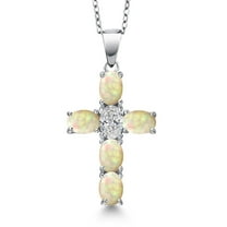 Gem Stone King 925 Sterling Silver White Ethiopian Opal and Lab Grown Diamond Cross Pendant Necklace for Women | 2.00 Cttw | Gemstone October Birthstone | Oval Cabochon 6X4MM | With 18 inch Chain