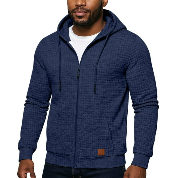 Dresfit Waffle Hoodies for Men Pullover Zip Up Hoodie Long Sleeve Drawstring Workout Jacket Jacquard Plaid Lightweight Full Zip Winter Windbreaker Dark Blue L
