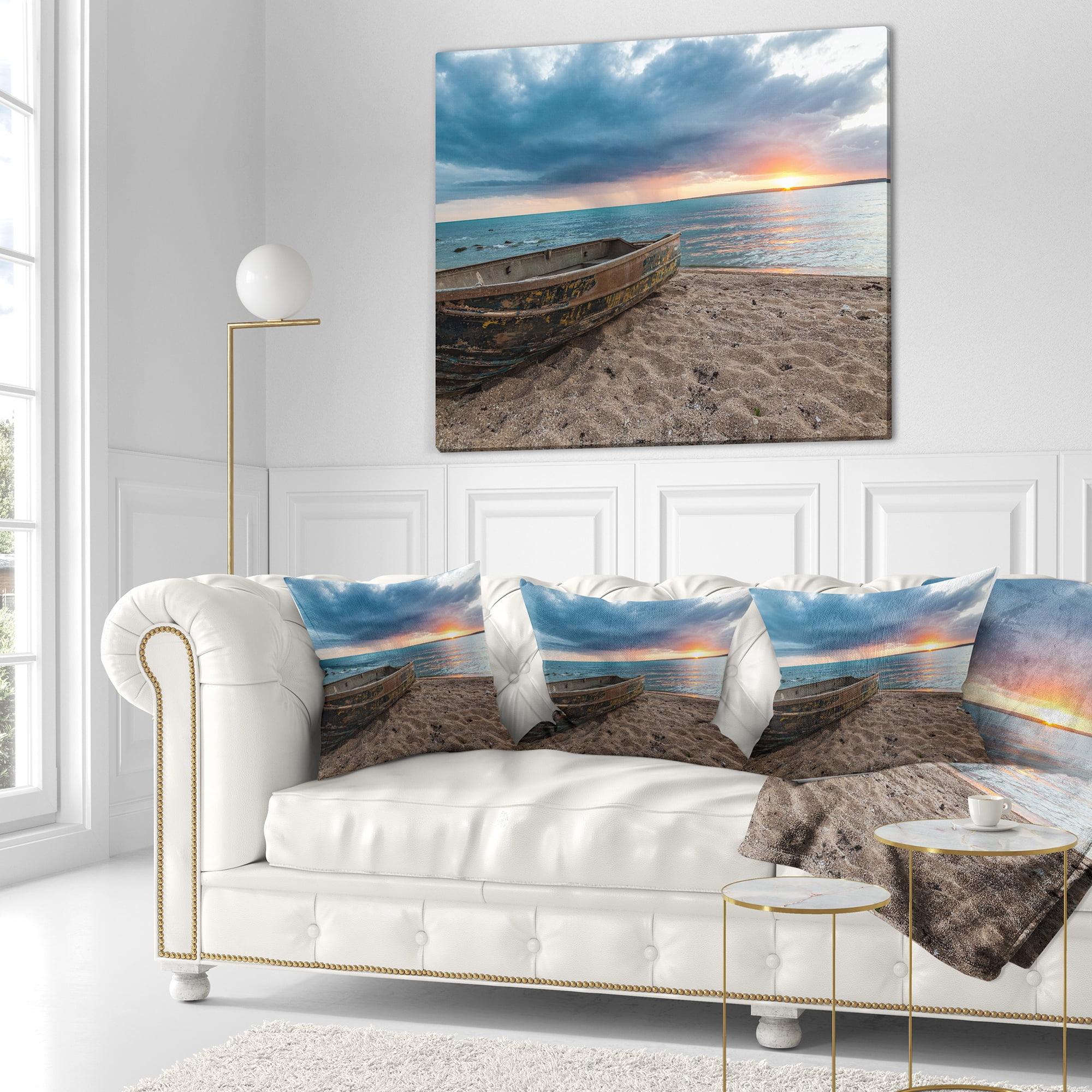 Designart Rusty Row Boat on Sand at Sunset - Seascape Throw Pillow - 16x16