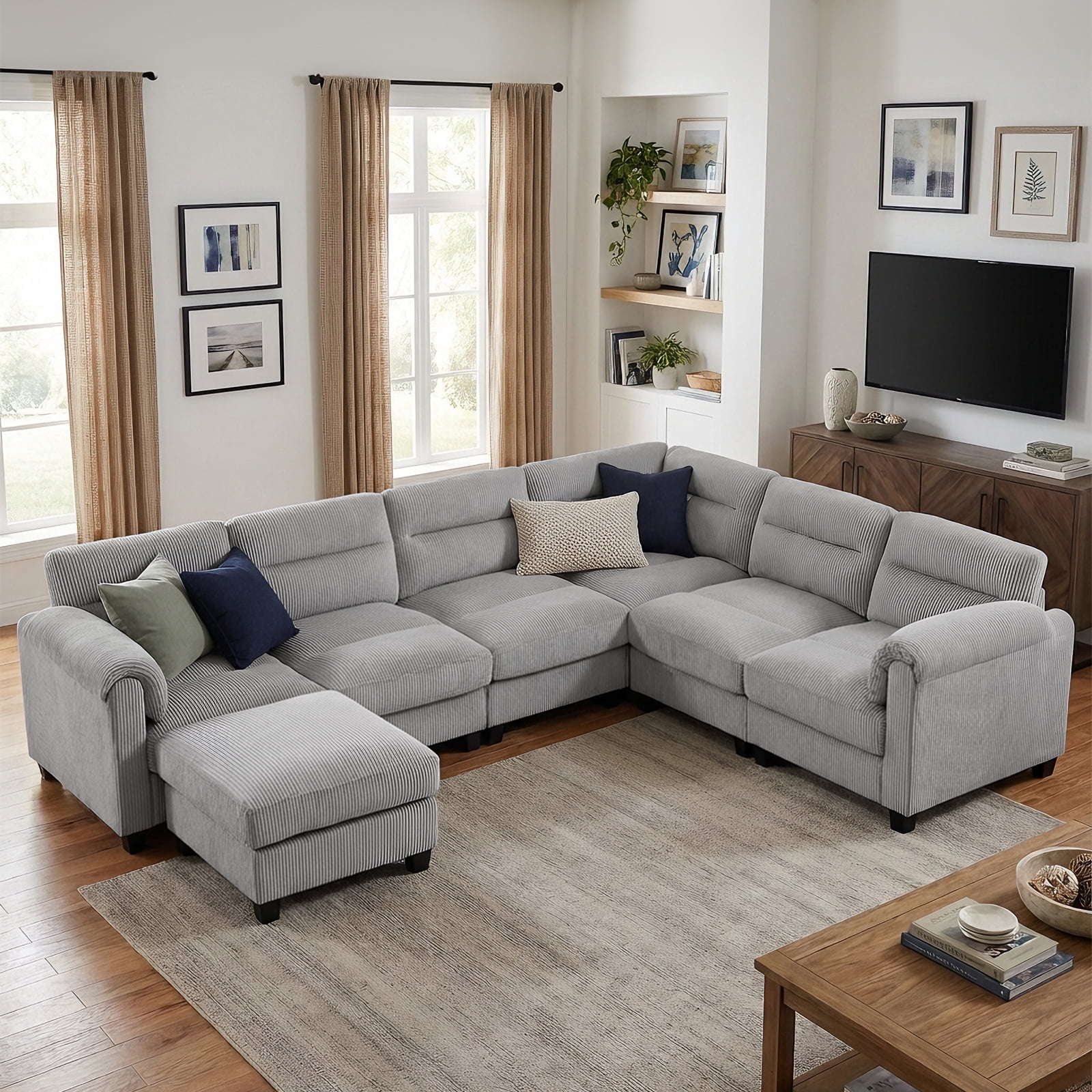 Bonzy Home Modular Plush Convertible Sectional Sofa with Ottoman, Gray