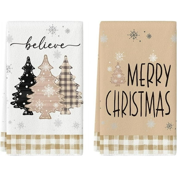 SM-XLHN Red Pine Trees Merry Christmas Kitchen Towels Dish Towels, 18x26 Inch Believe Winter Xmas Holiday Decoration Hand Towels Set of 2
