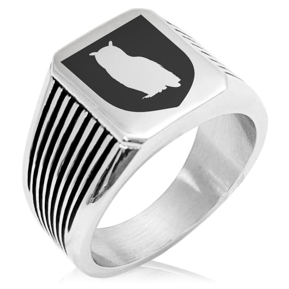 Stainless Steel Owl Wisdom Coat of Arms Shield Needle Stripe Pattern Biker Style Polished Ring