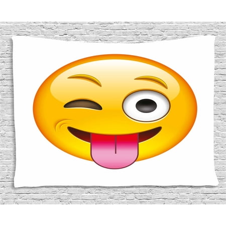 Yellow Decor For Living Room Emoji Tapestry, Cartoon like Technologic Smiley Flirty Sarcastic Happy Face with Tongue Modern Print, Wall Hanging for Bedroom Living Room Dorm Decor, 60W X 40L Inches, Yellow, by Ambesonne ()