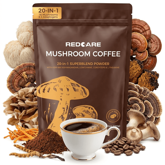 Mushroom Coffee Organic Instant Coffee with 16 Mushrooms & 4 Adaptogens, 20-in-1 Mushroom Complex, Lion's Mane Mushroom Powder, Reishi, Chaga, Organic Mushroom Coffee, Low Acid Coffee, No Added Sugar