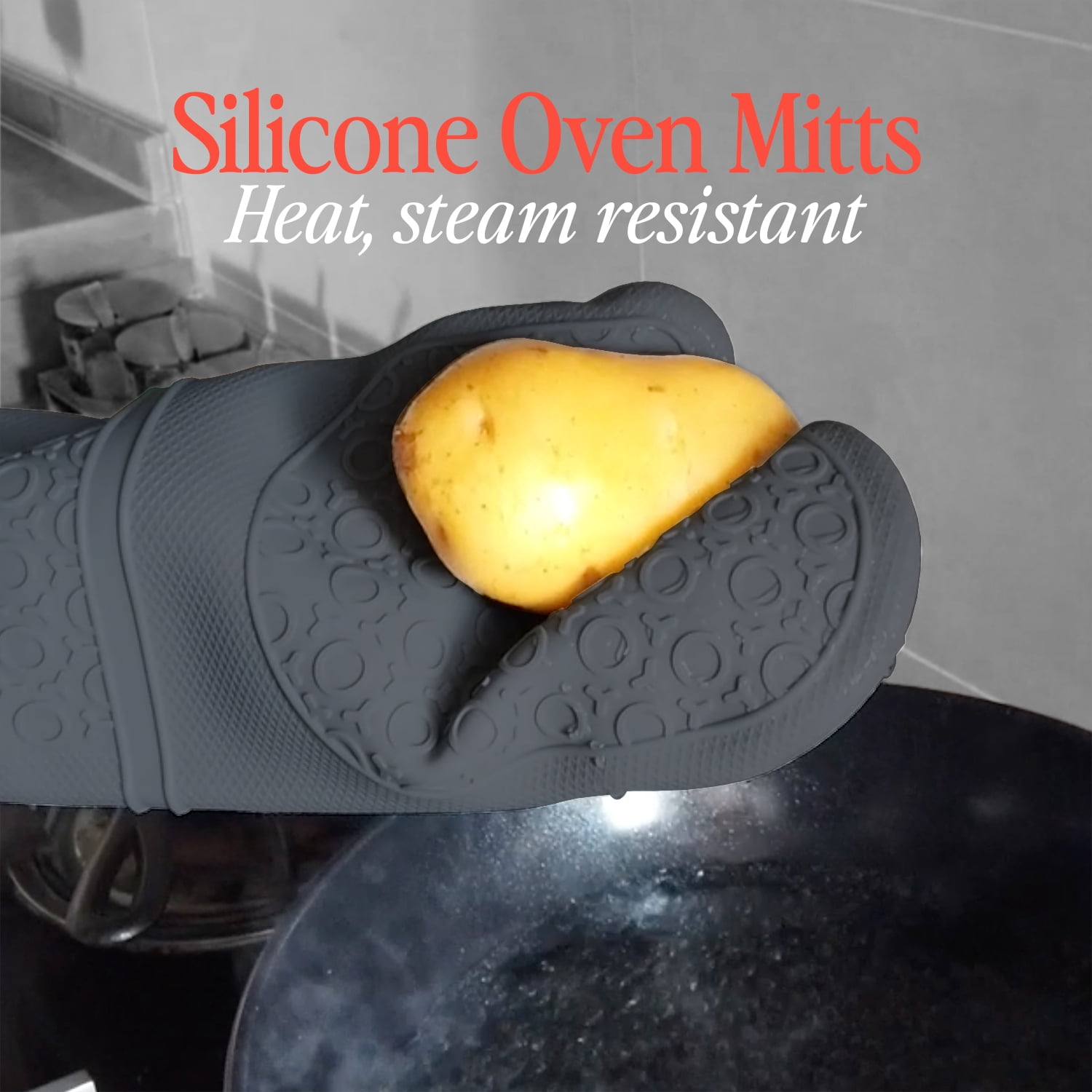 BPA-Free Soft Silicone Oven Mitts - Ultra Heat Resistant Oven Mitts with Thick Cotton Liner - Extra Long Slip Resistant Pot Holders, Flexible Oven Gloves - Gray 14.7"