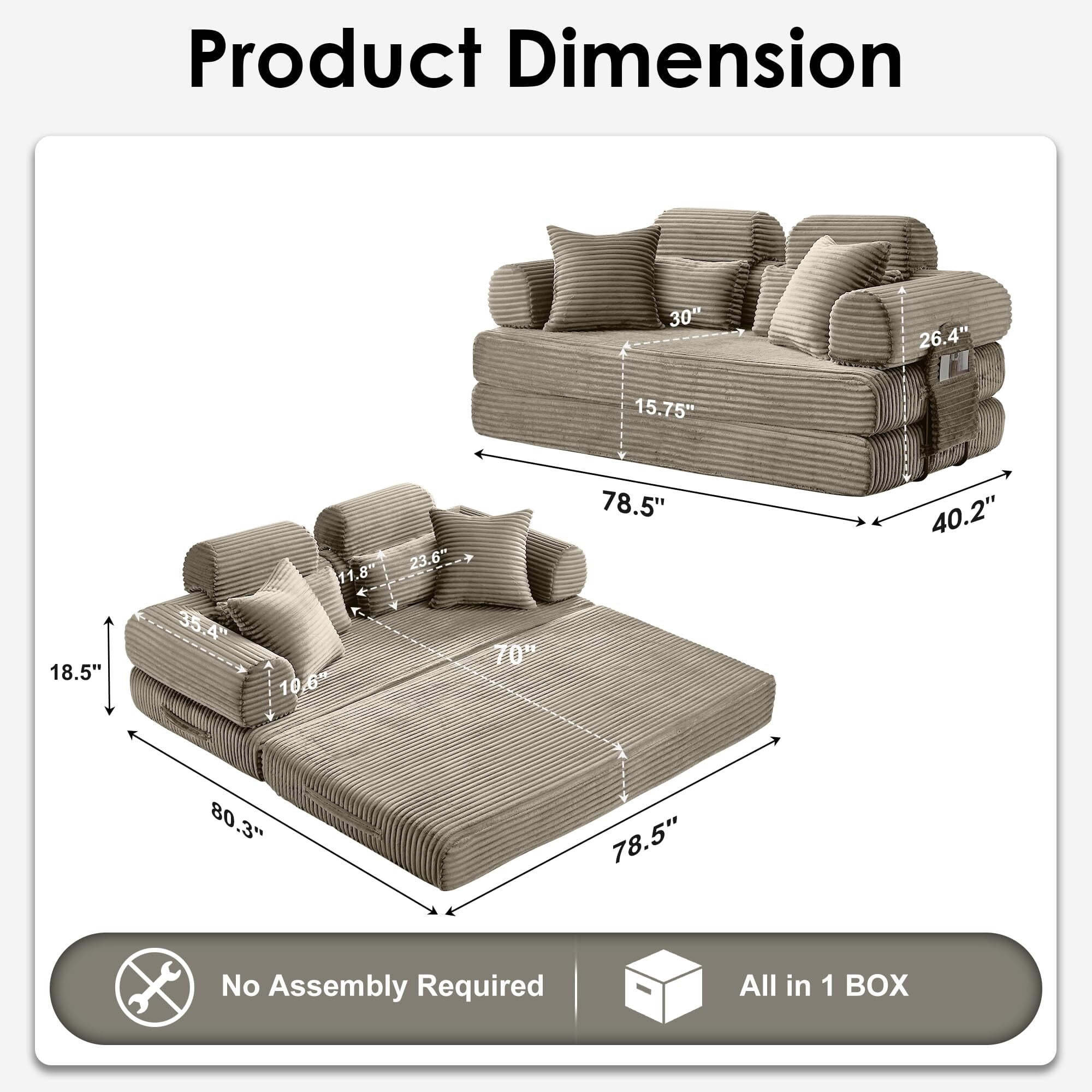 Howcool Sleeper Sofa Bed, 78.5" Convertible Floor Couch, Corduroy Folding Boneless Loveseat, Memory Foam Pull Out (Queen to King Size), No Assembly for Living Room, Orange