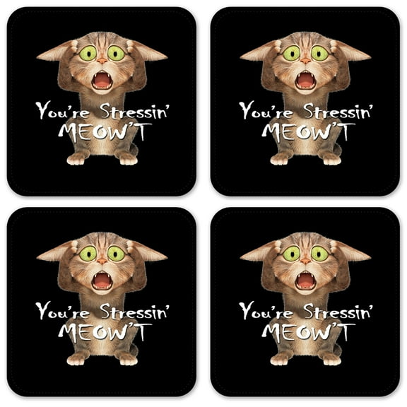 Vinyl Drink Coasters - Set of 4 - You're Stressin' Meow't