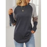 SHIBEVER Women's Long Sleeve Tops Round Neck T-Shirts for Women Fall Fashion Leopard Print Tops Casual Workout Loose Tunics Tops Gray Black Blouses Size L