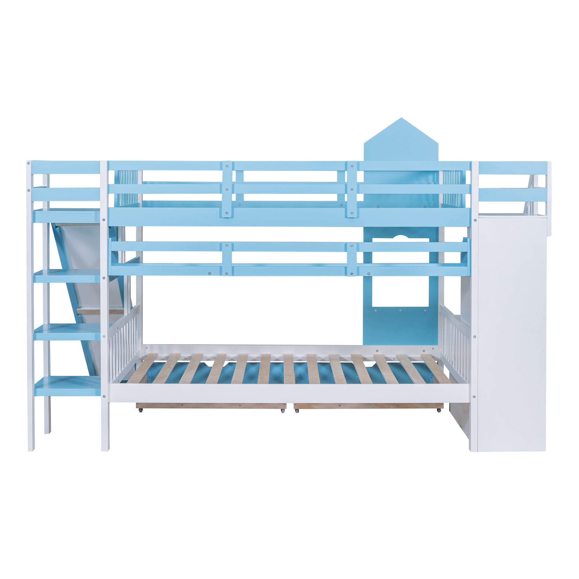 Full over Full Bunk Bed for Kids, Castle Style Bunk Beds with 2 Drawers, Slide and Storage Shelves, Solid Wood Bunk Bed Frame for Kids Girls Boys Teens