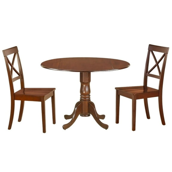 FurniFact Mahogany Dining Set, Round Drop Leaf Table, X-Back Chairs, 2-Person, Rubberwood
