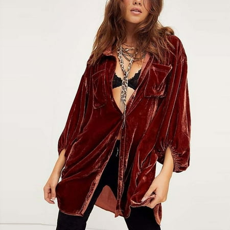 

Womens Velvet Button Down T Shirts Swing Mini Dress Casual Long Sleeves Lapel Tunic Tops Women Winter Velvet Roll Sleeve Button Casual Shirt Coat with Pocket