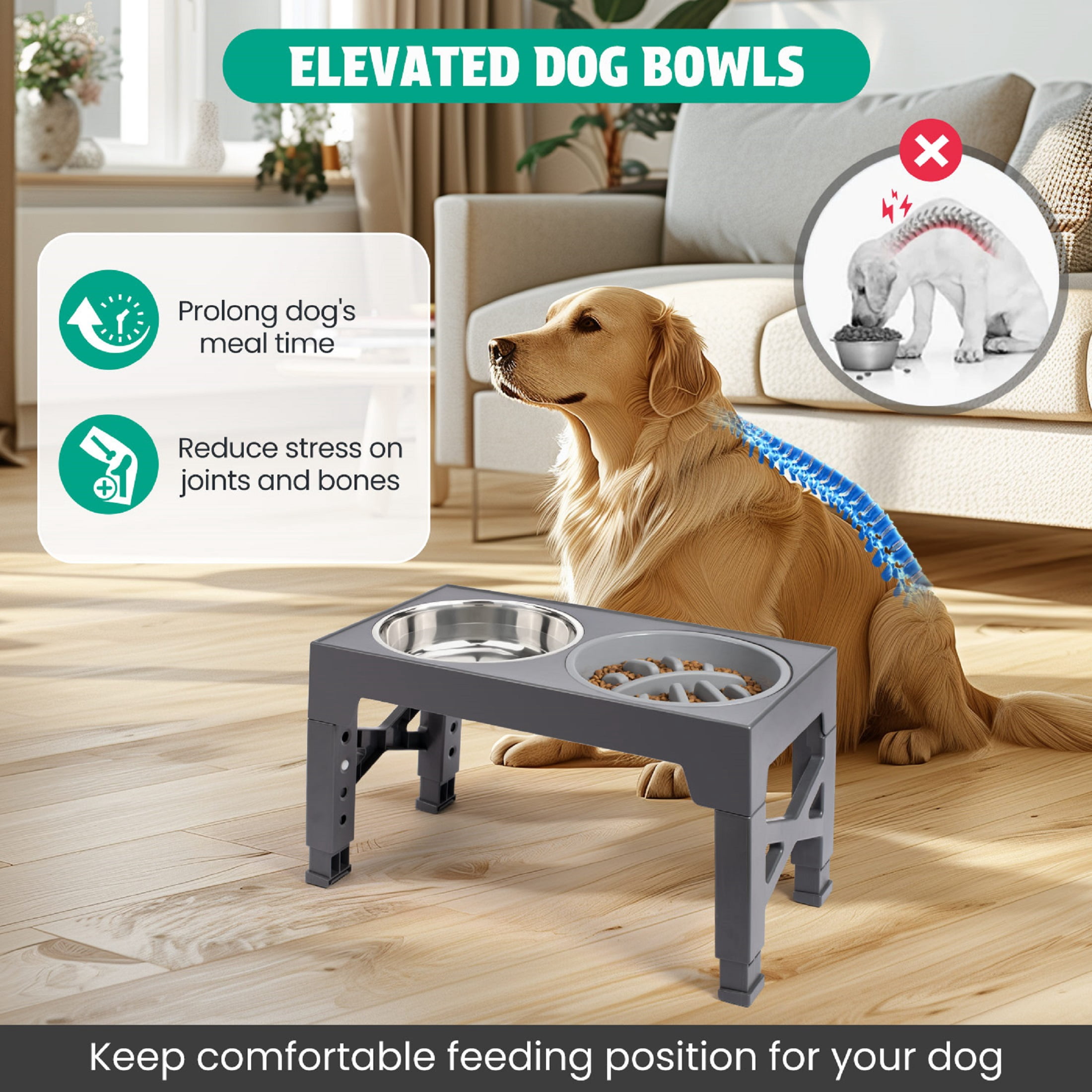 Elevated Dog Bowls - 5 Adjustable Heights Stand, 2 Stainless Steel Bowls & 1 Slow Feeder, for Small to Large Dogs, Gray