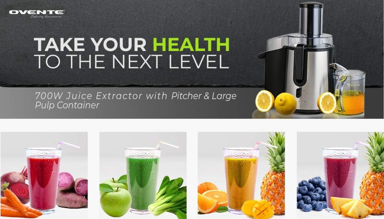 OVENTE Electric Cold Press Juicer Extractor Machine for Citrus Fruit or Vegetable, 3 Inch Feed Chute Stainless Steel Cutting Disc, 700 Watt Easy Clean Squeezer for Fresh Orange Juice, Silver JE7607BR