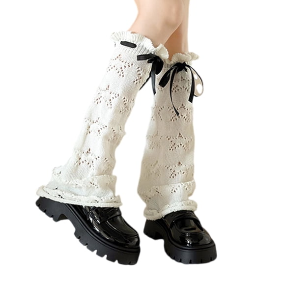 RUISINERY Hollowed Knit Star Flared Leg Warmers for Women Retro Aesthetic Baggy Footless Long Socks Boot Covers with Ribbon Accent