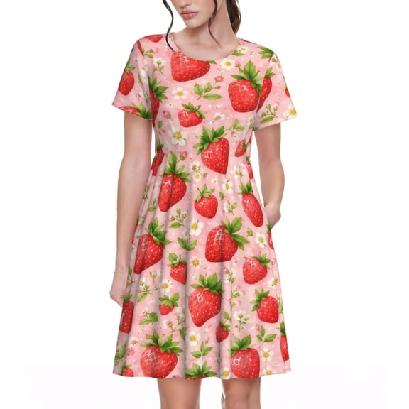 Pink Strawberry Dresses Short Sleeve Nightdresses for Women