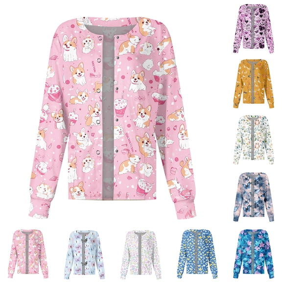 Easter Womens Scrubs Jacket Snap Front Cute Floral Bunny Graphic Long Sleeve Scrubs Jacket Scrubs Jacket Workwear Uniforms with Pockets