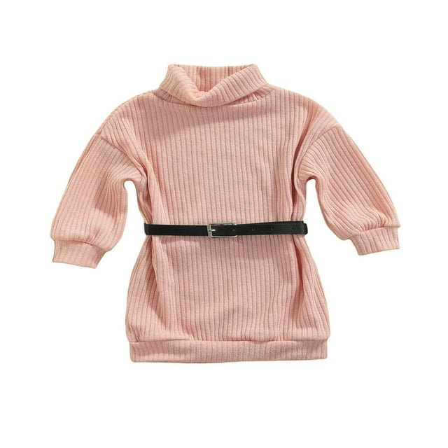 Robe Chandail pour Filles Bébé Hiver Automne Col Roulé Manches Longues Tricotée avec Ceinture Vert 3-4 Ans