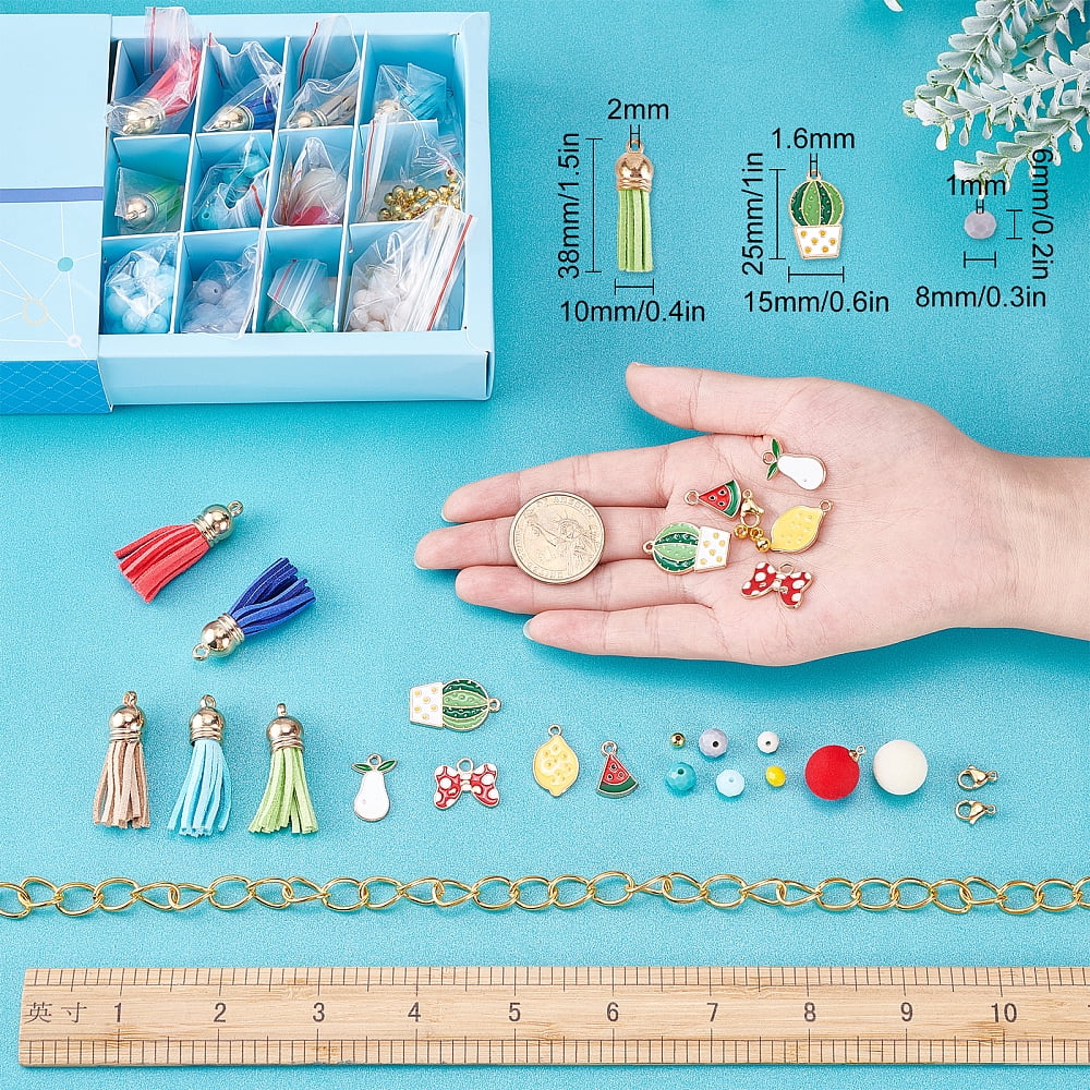 1 Box Enamel Fruit Charms Faceted Glass Beads Bulk Cable Chain Beading Bracelet Making Kit Rondelle Glass Bead Suede Tassels for Jewelry